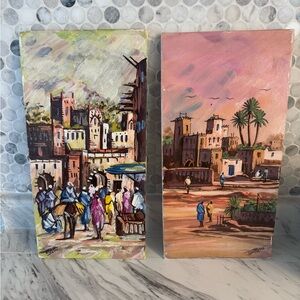 Moroccan Village Street Paintings – Handmade Canvas Wall Art Set (2 Pieces)